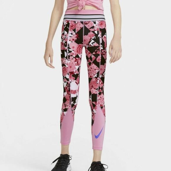 NIKE Girls Pink Black Dri-Fit Floral Abstract Printed Tight Fit Leggings Size L - Picture 1 of 14